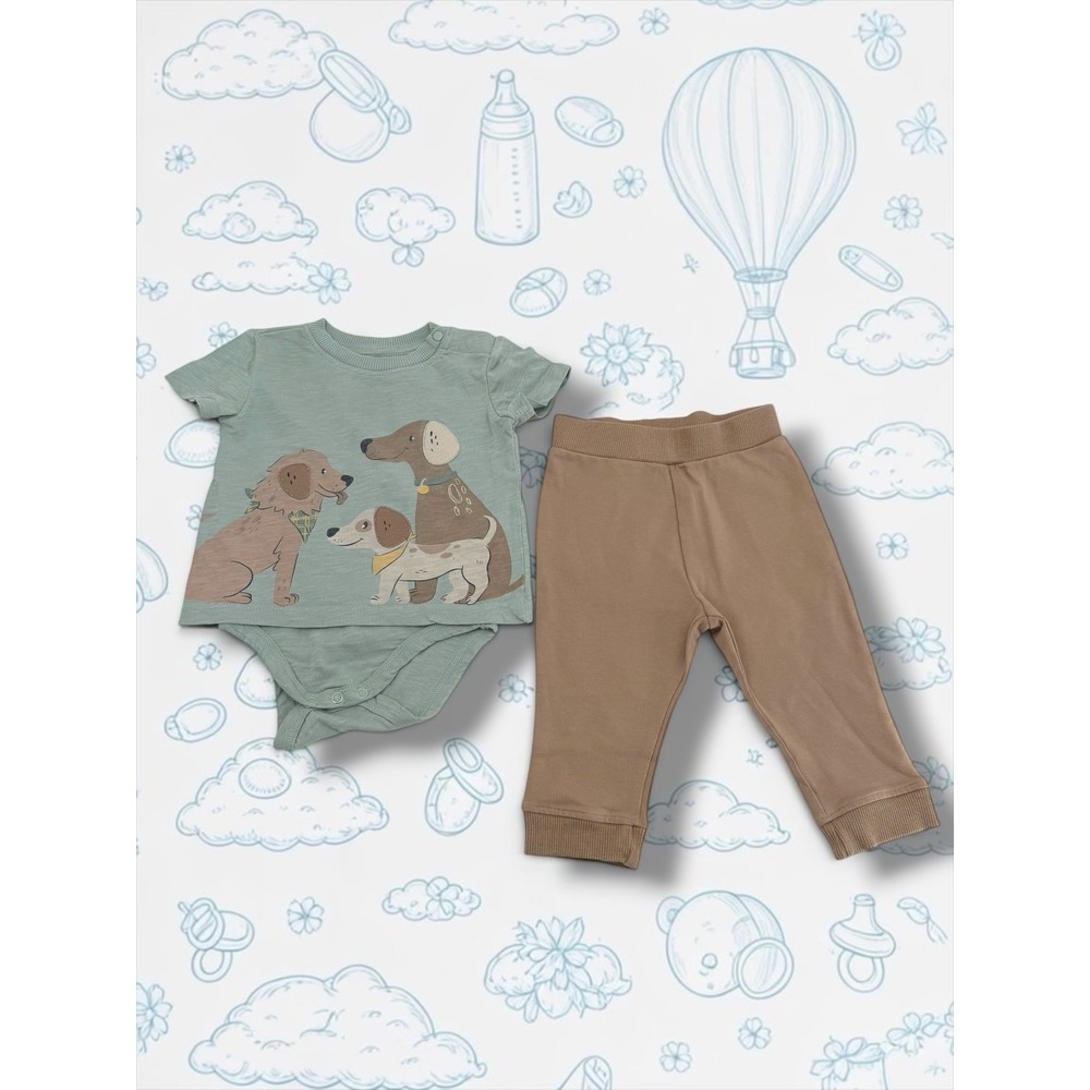 Flapdoodles Dog Graphic Sage Green & Tan Jogger Set 6-9M